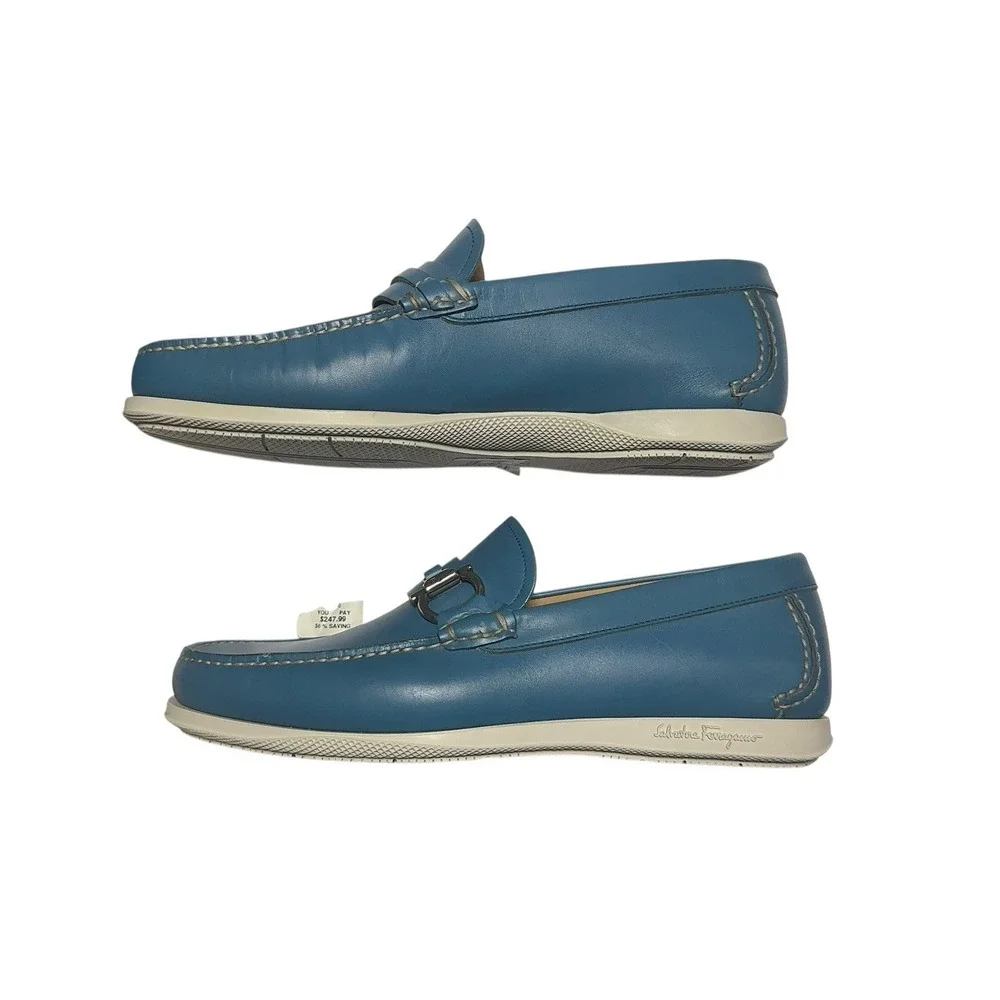 Salvatore Ferragamo Blue Leather Gancini Driver Loafers Men's‎ Italy Luxury